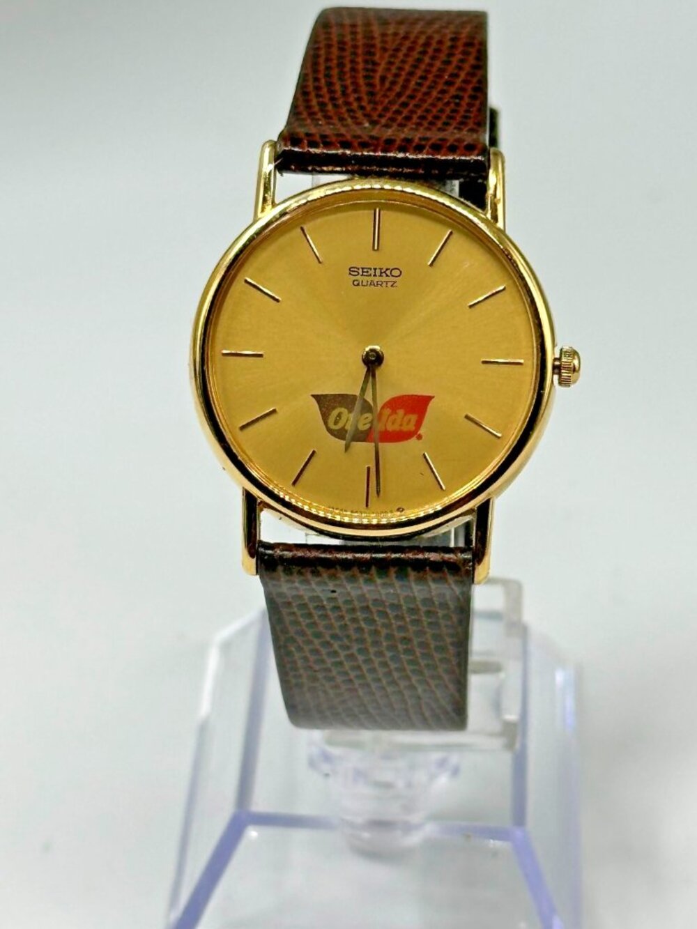 Vintage Seiko Watch Men Gold Tone Ore Ida Logo Brown Leather Band New Battery - Picture 3 of 12